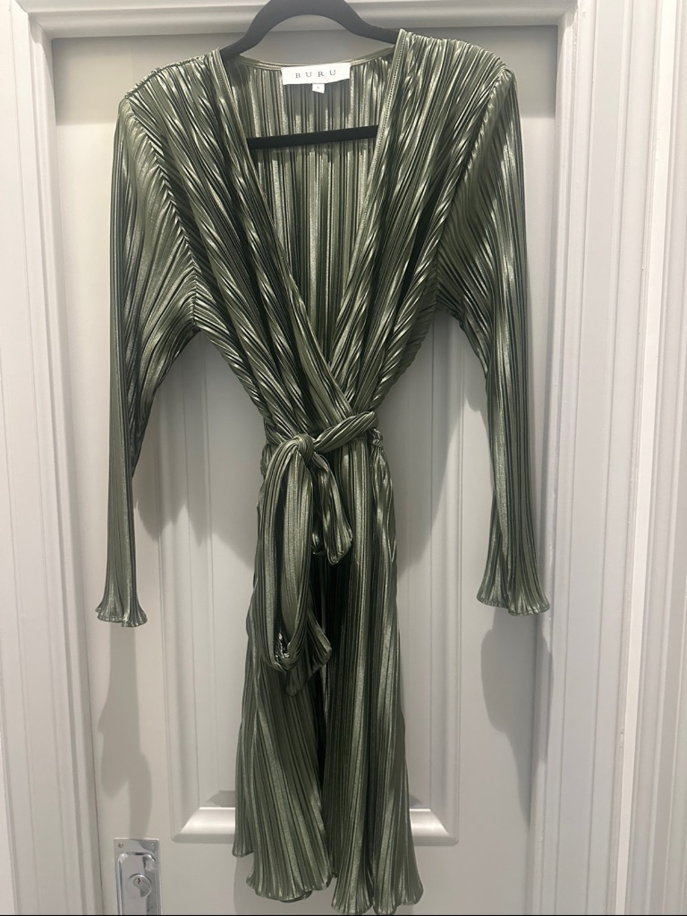 Buru Olive Green Long Sleeve Pleated Wrap Dress